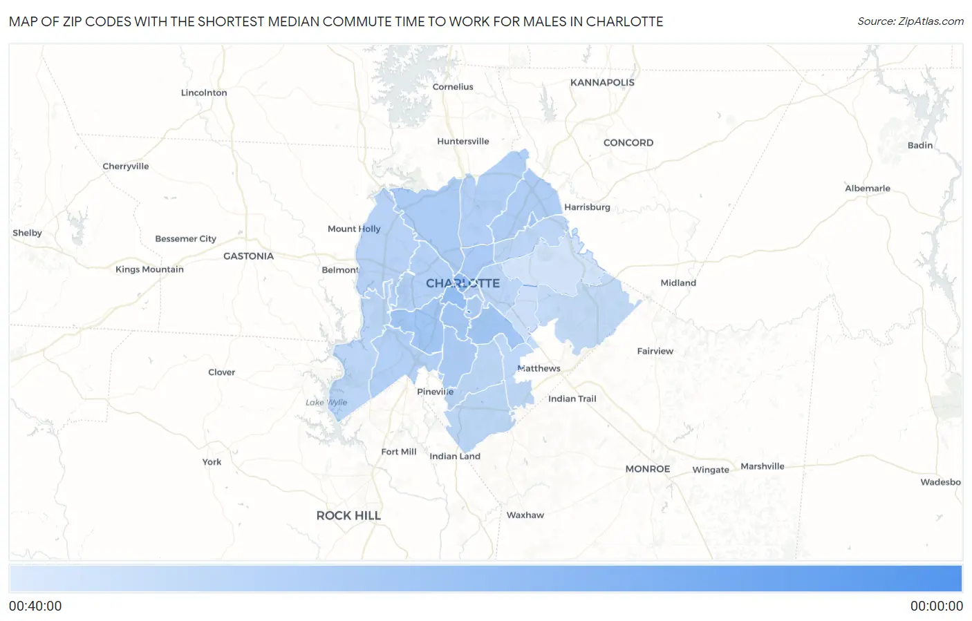 Zip Codes with the Shortest Median Commute Time to Work for Males in Charlotte Map
