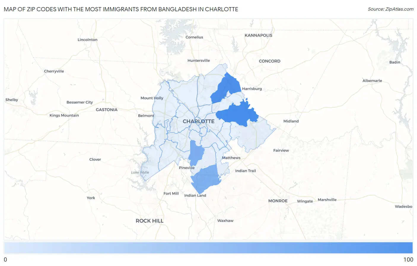 Zip Codes with the Most Immigrants from Bangladesh in Charlotte Map