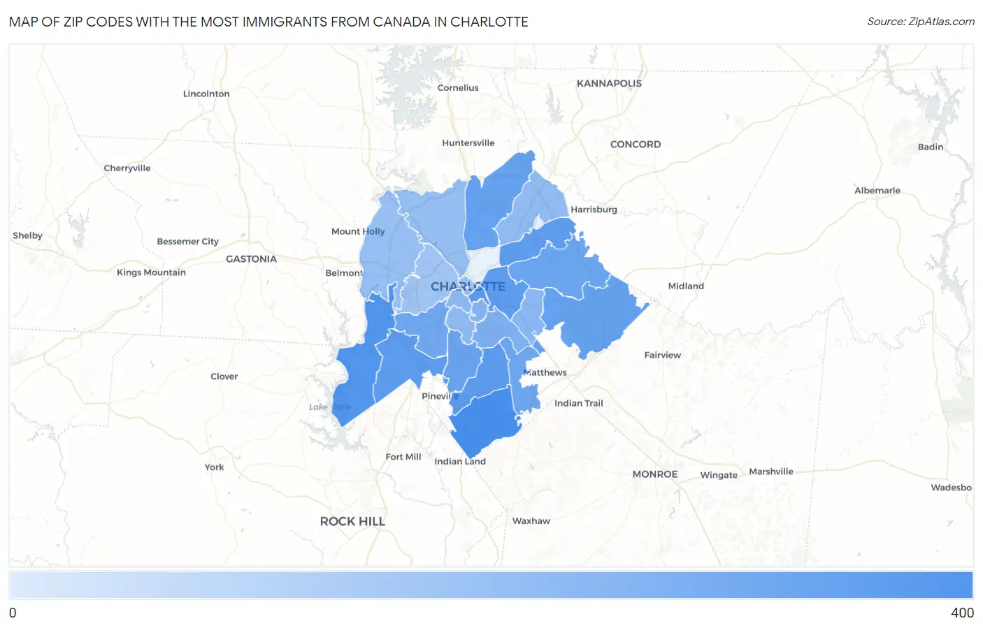 Zip Codes with the Most Immigrants from Canada in Charlotte Map