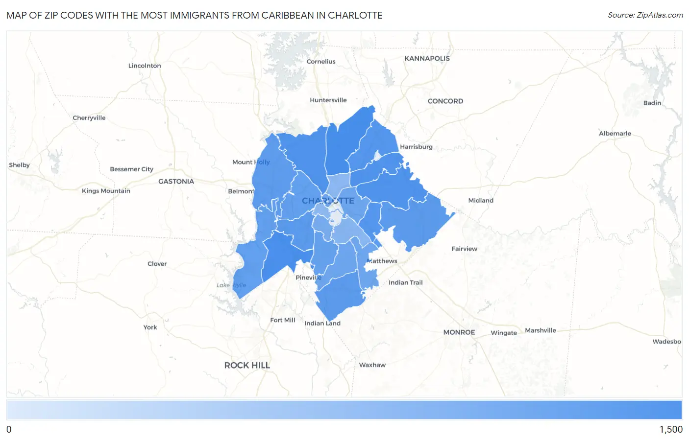 Zip Codes with the Most Immigrants from Caribbean in Charlotte Map