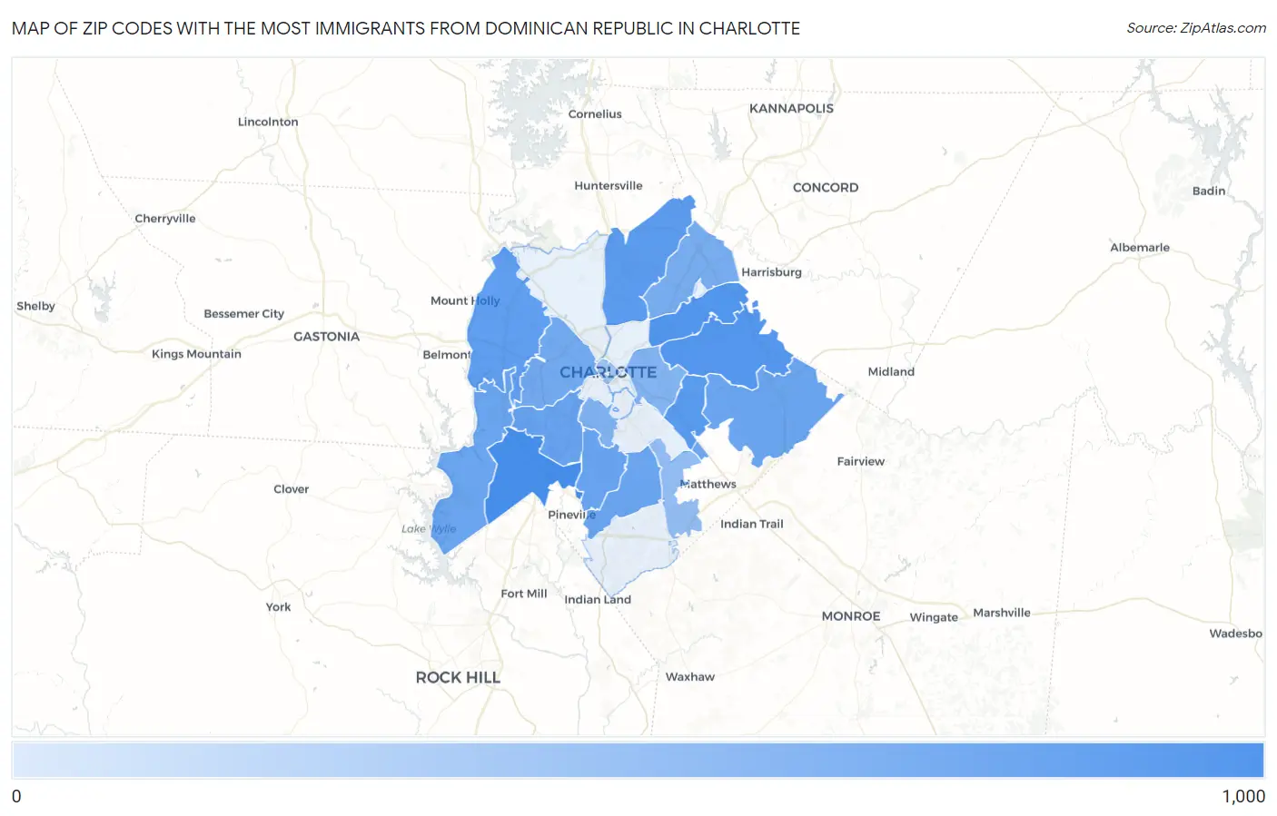 Zip Codes with the Most Immigrants from Dominican Republic in Charlotte Map
