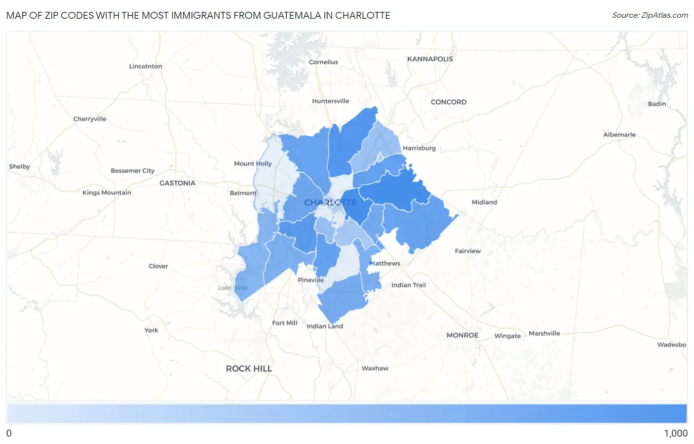Zip Codes with the Most Immigrants from Guatemala in Charlotte Map