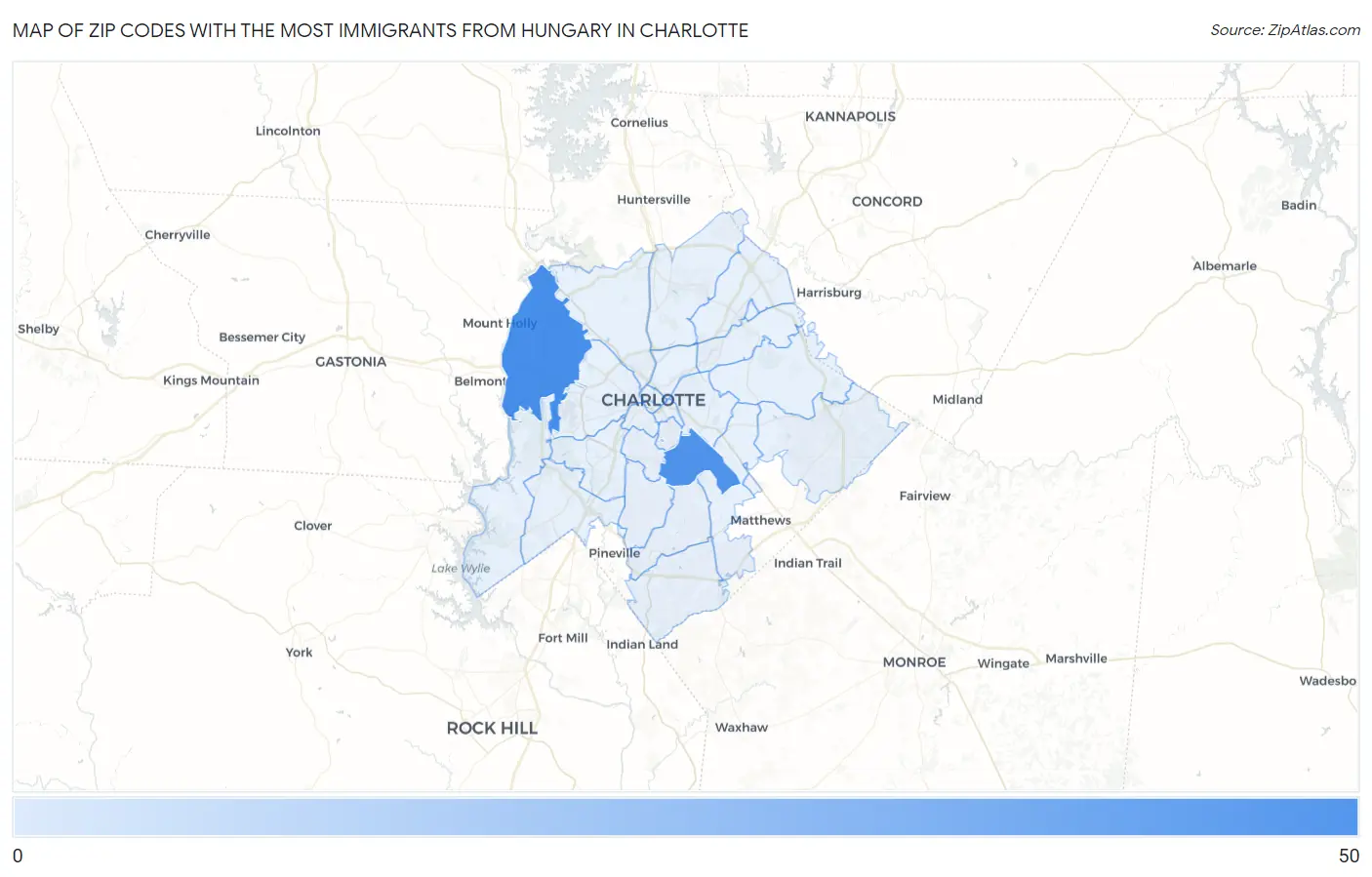 Zip Codes with the Most Immigrants from Hungary in Charlotte Map