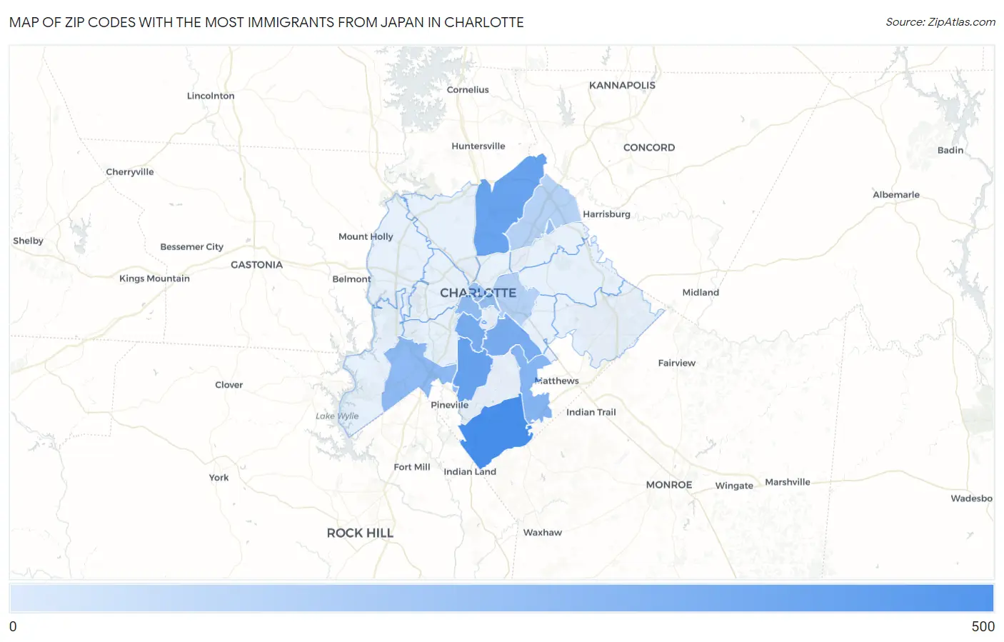 Zip Codes with the Most Immigrants from Japan in Charlotte Map