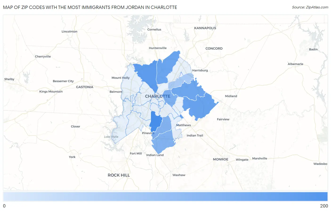 Zip Codes with the Most Immigrants from Jordan in Charlotte Map
