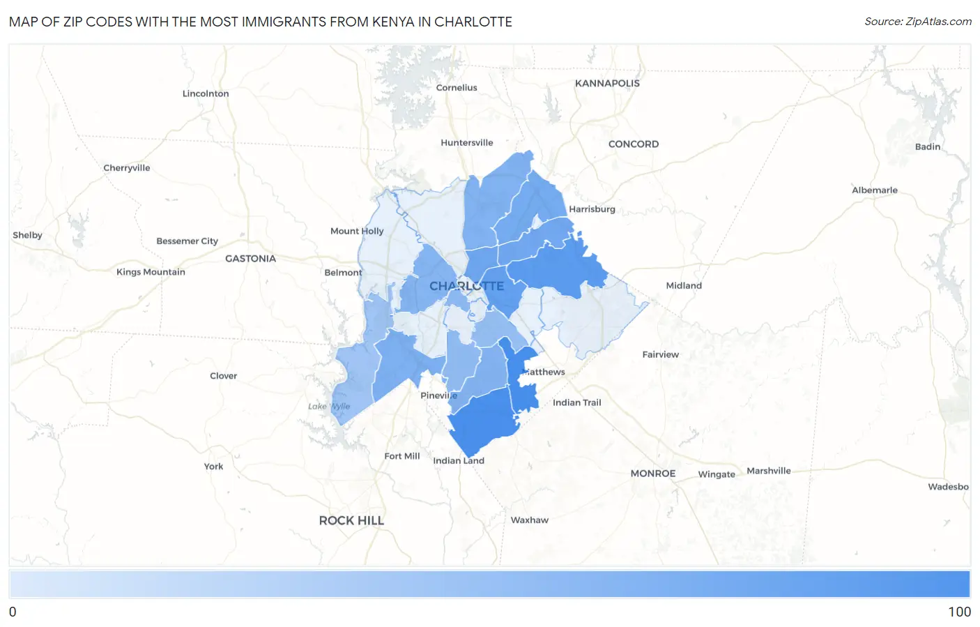 Zip Codes with the Most Immigrants from Kenya in Charlotte Map