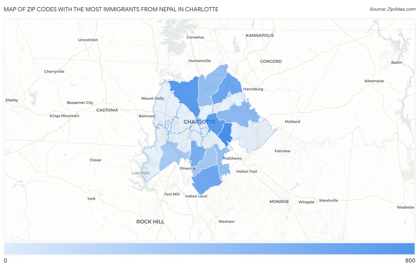 Zip Codes with the Most Immigrants from Nepal in Charlotte Map