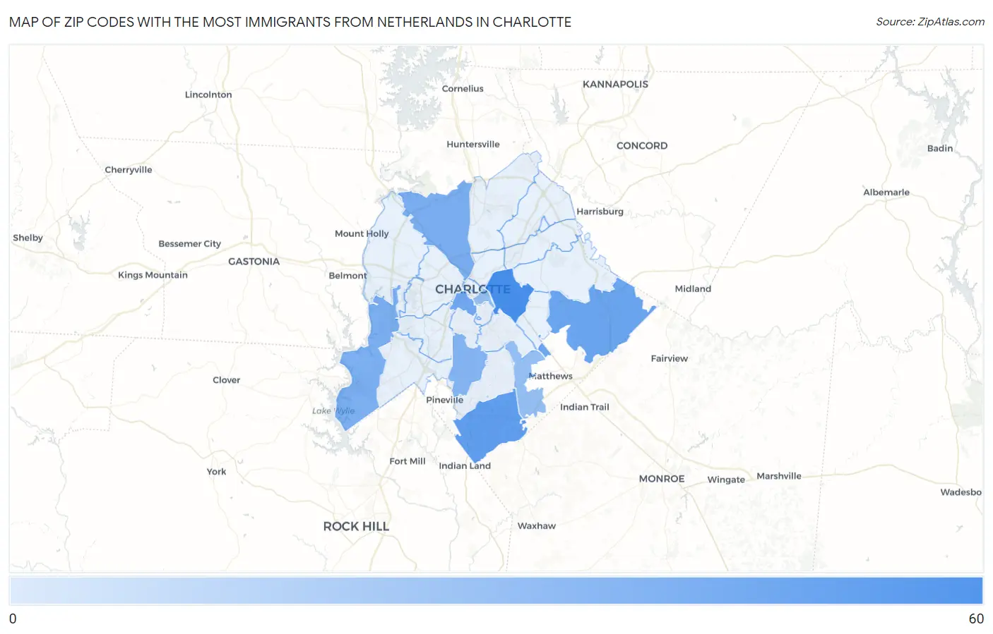 Zip Codes with the Most Immigrants from Netherlands in Charlotte Map