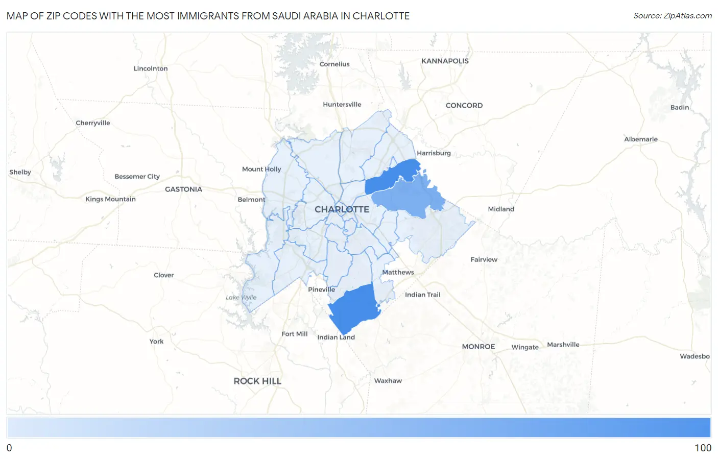 Zip Codes with the Most Immigrants from Saudi Arabia in Charlotte Map
