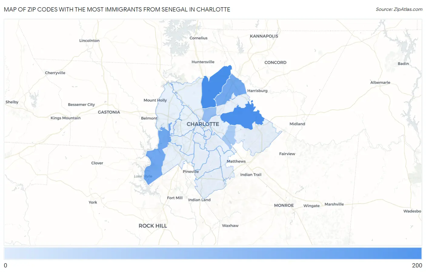 Zip Codes with the Most Immigrants from Senegal in Charlotte Map