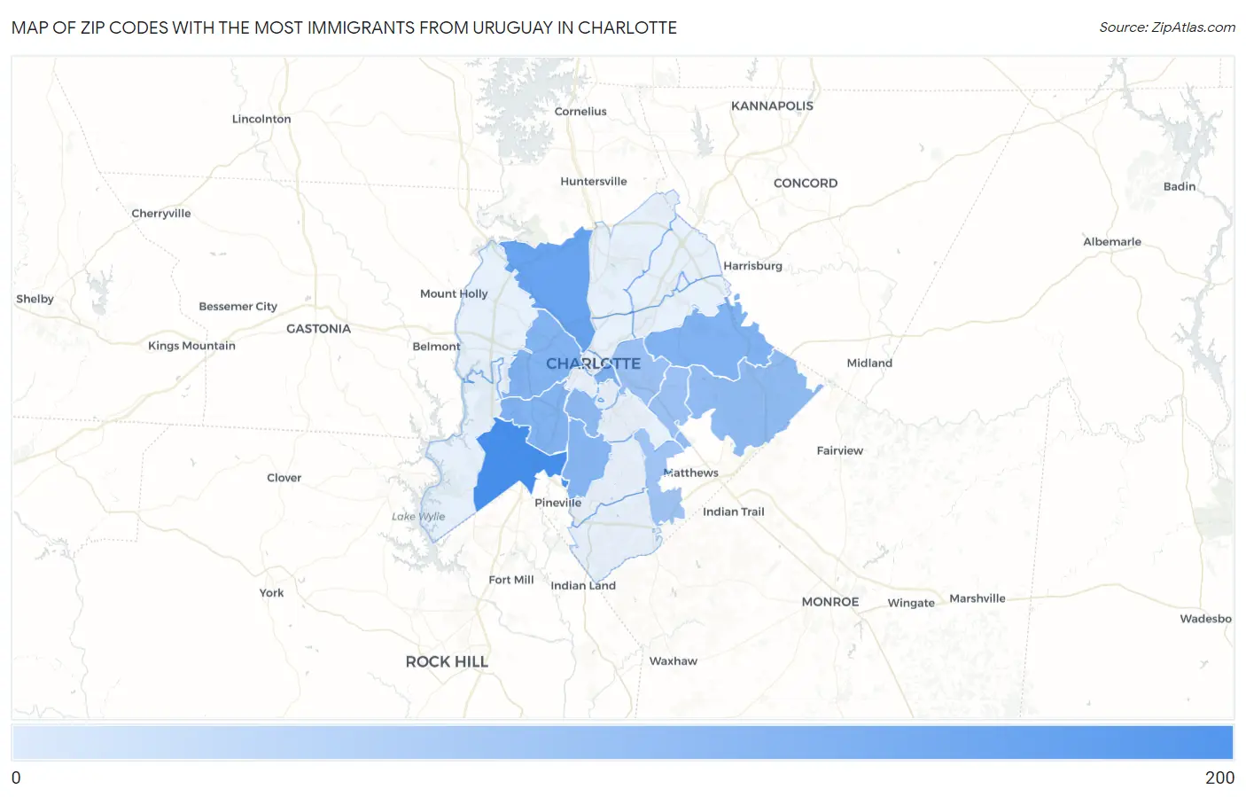 Zip Codes with the Most Immigrants from Uruguay in Charlotte Map