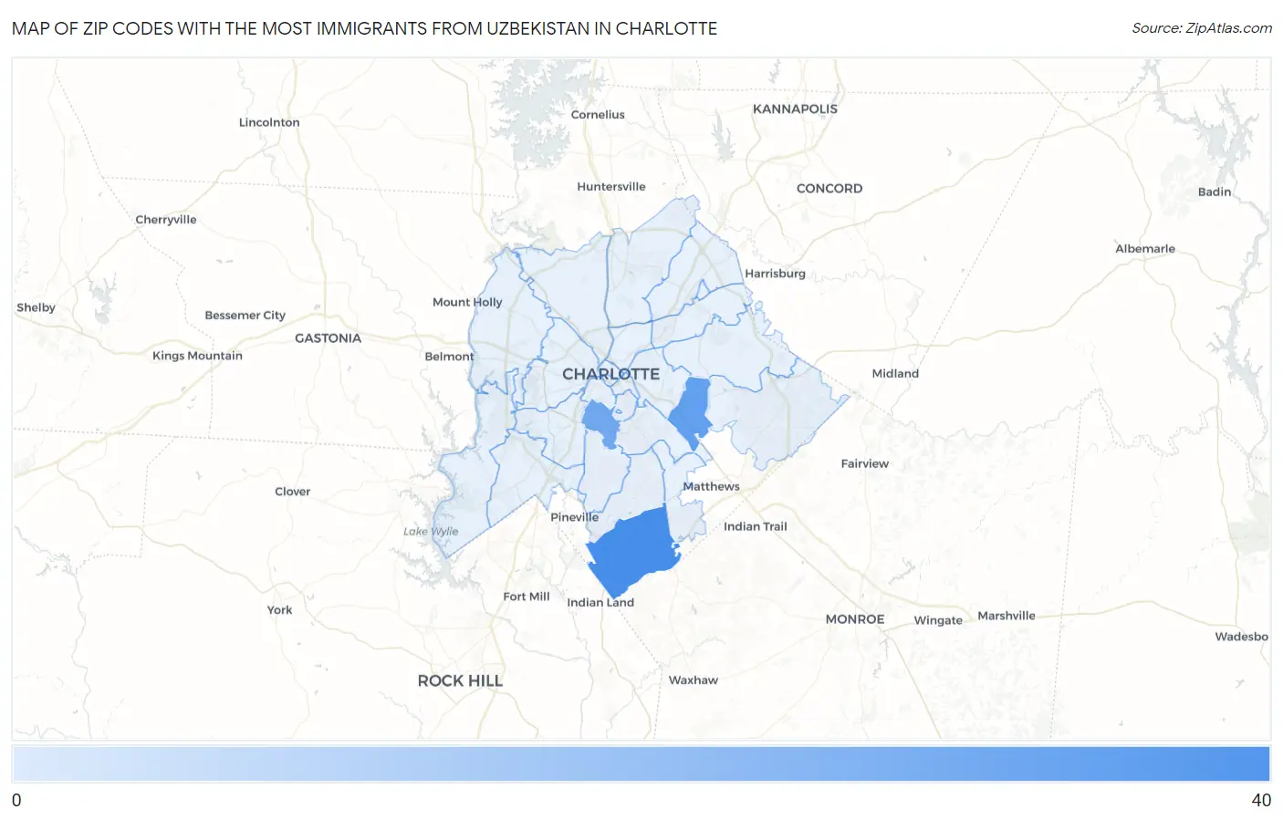 Zip Codes with the Most Immigrants from Uzbekistan in Charlotte Map