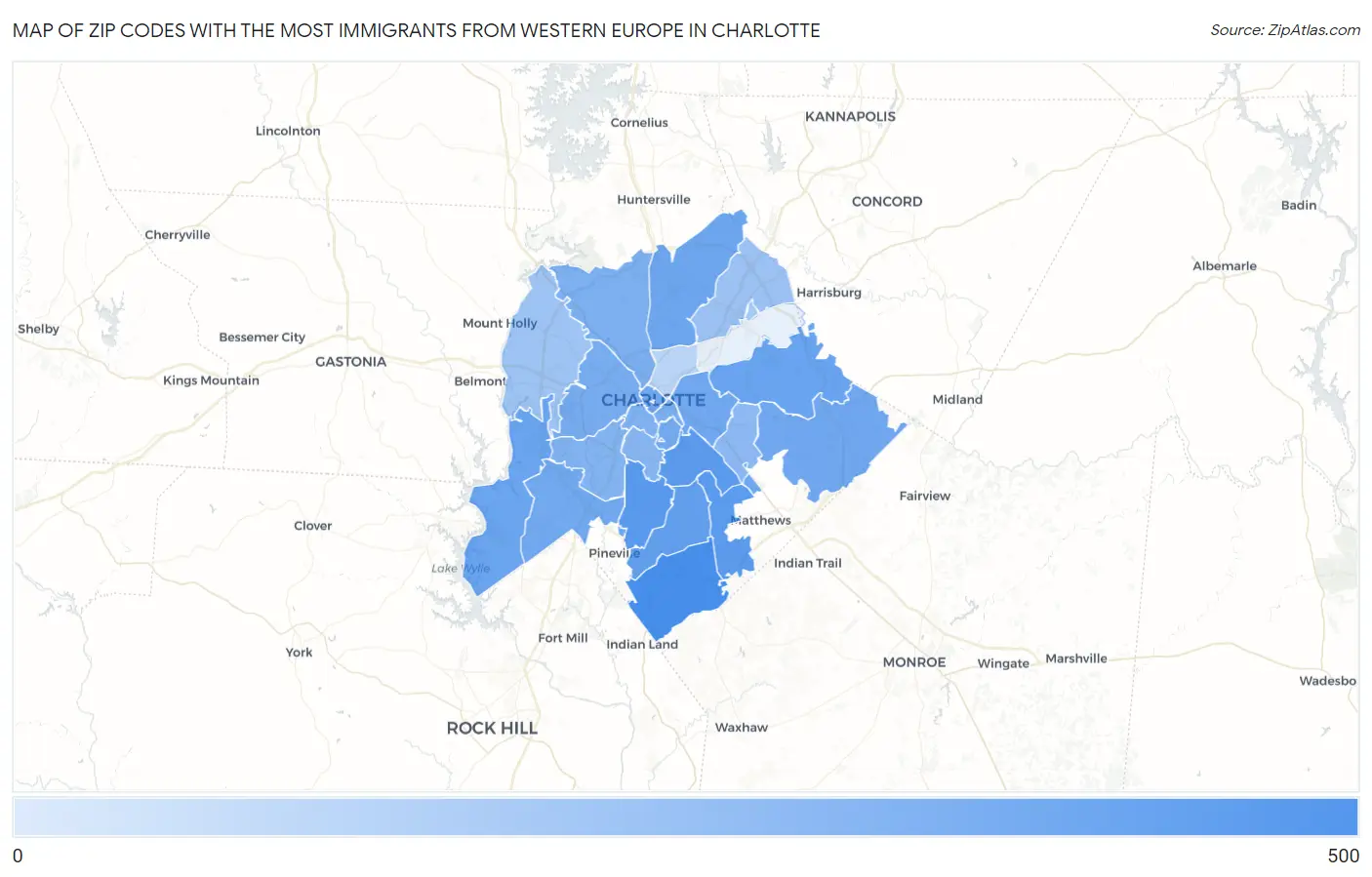 Zip Codes with the Most Immigrants from Western Europe in Charlotte Map