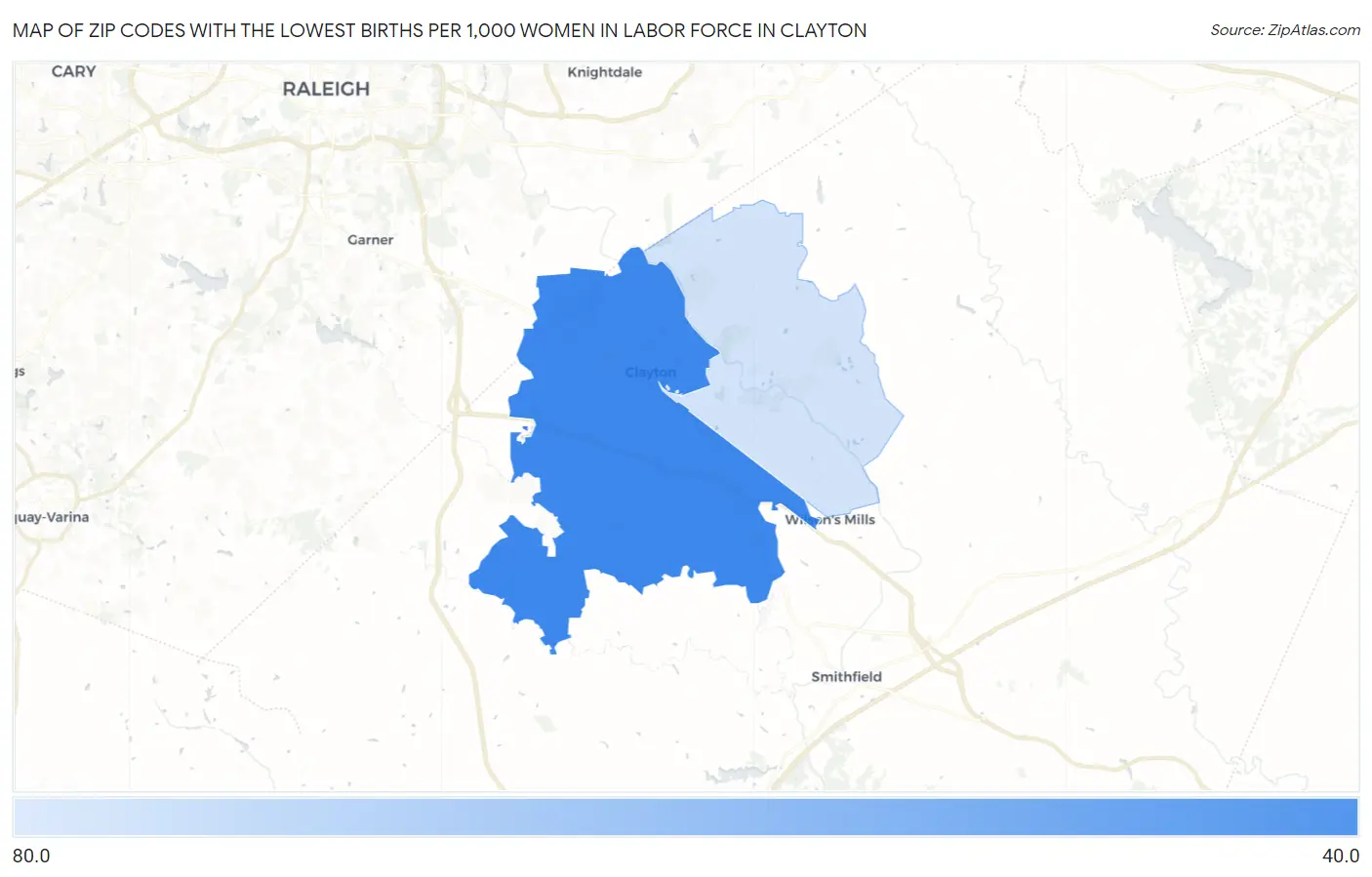 Zip Codes with the Lowest Births per 1,000 Women in Labor Force in Clayton Map