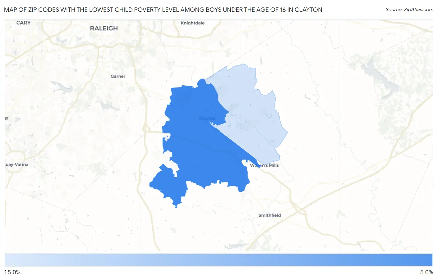 Zip Codes with the Lowest Child Poverty Level Among Boys Under the Age of 16 in Clayton Map
