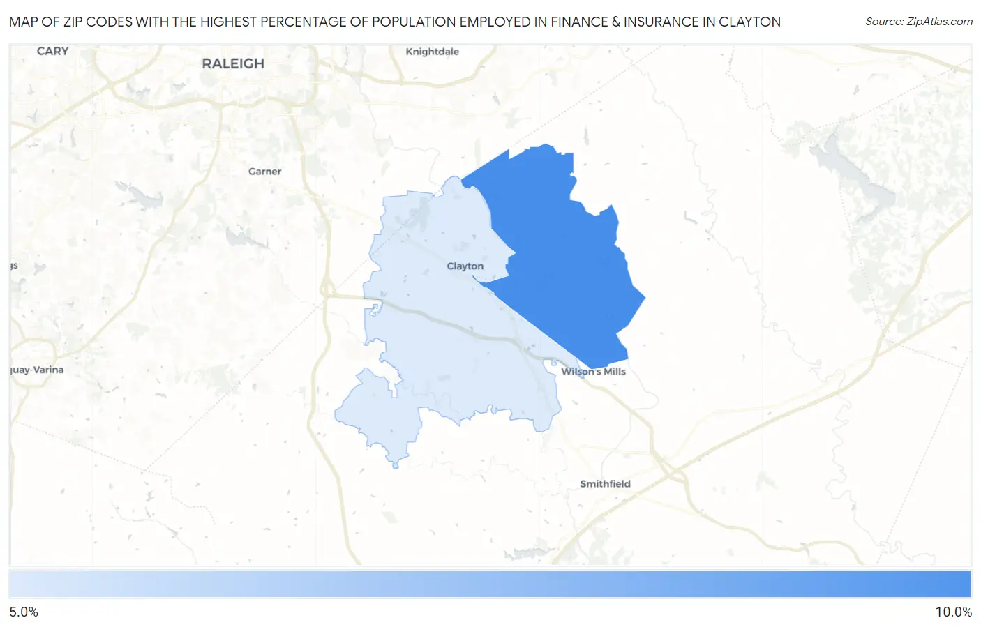 Zip Codes with the Highest Percentage of Population Employed in Finance & Insurance in Clayton Map