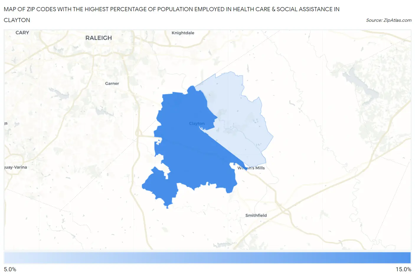 Zip Codes with the Highest Percentage of Population Employed in Health Care & Social Assistance in Clayton Map
