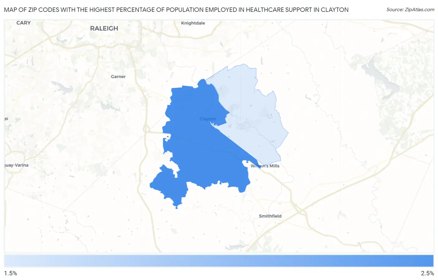 Zip Codes with the Highest Percentage of Population Employed in Healthcare Support in Clayton Map