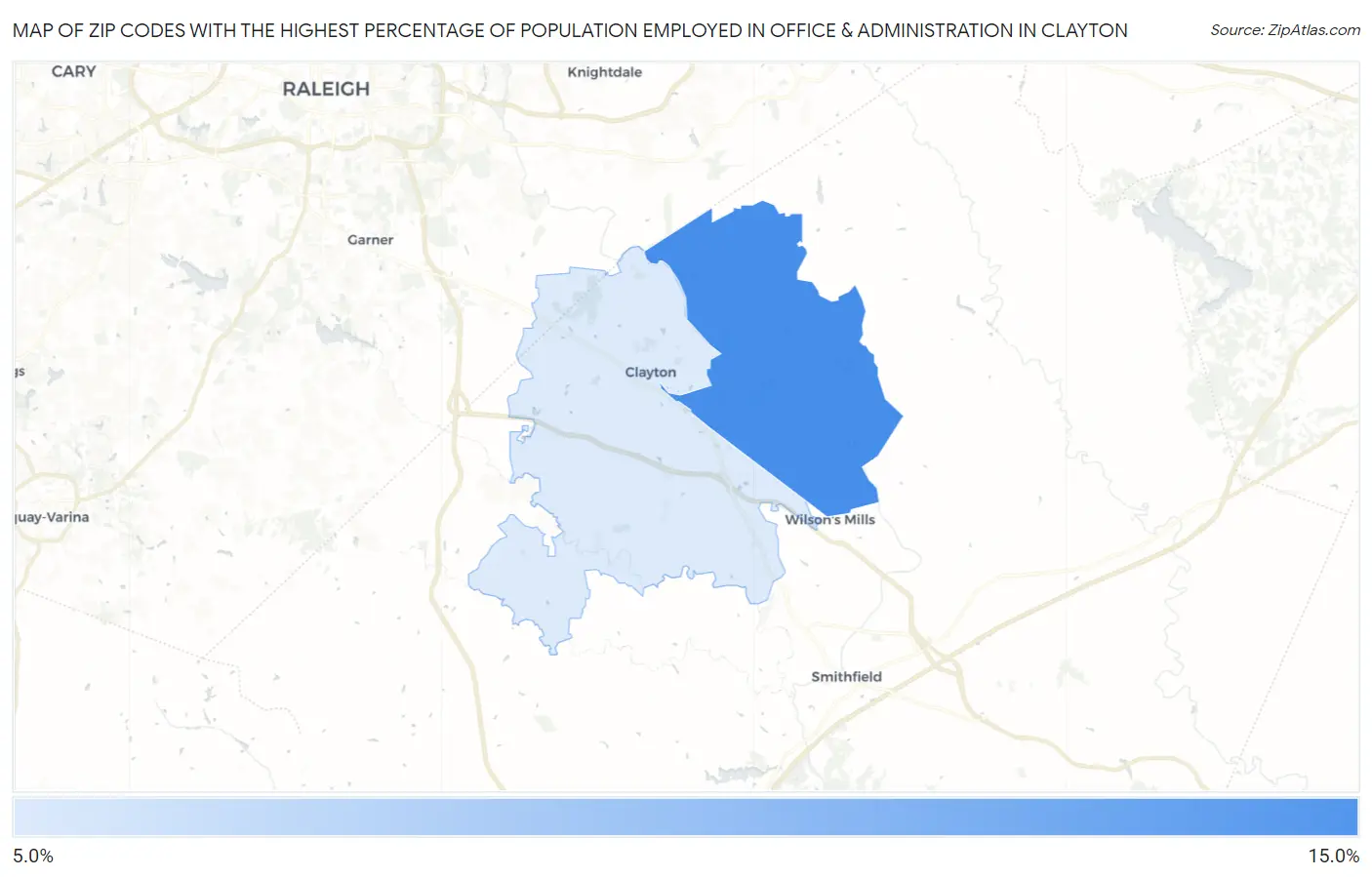 Zip Codes with the Highest Percentage of Population Employed in Office & Administration in Clayton Map