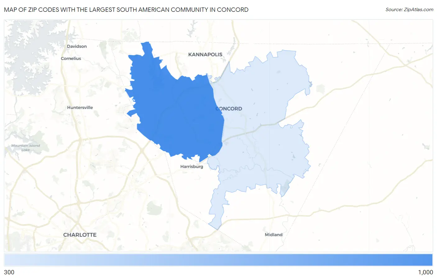 Zip Codes with the Largest South American Community in Concord Map