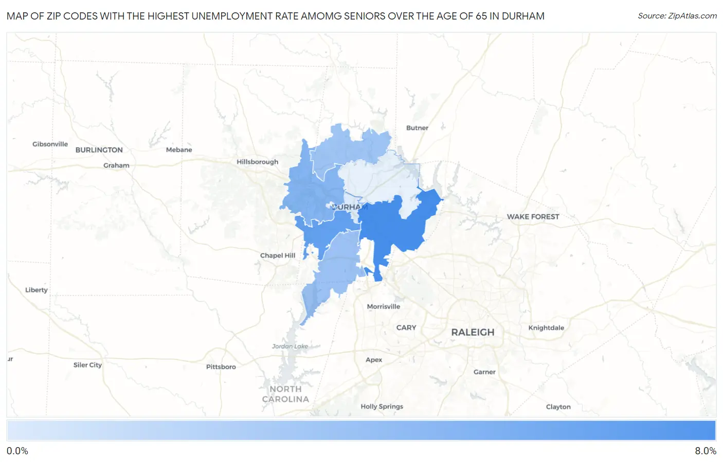 Zip Codes with the Highest Unemployment Rate Amomg Seniors Over the Age of 65 in Durham Map