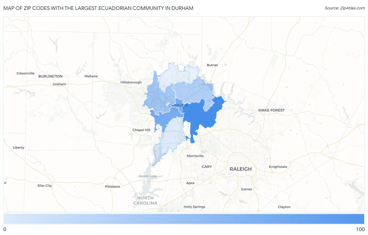 Zip Codes with the Largest Ecuadorian Community in Durham Map