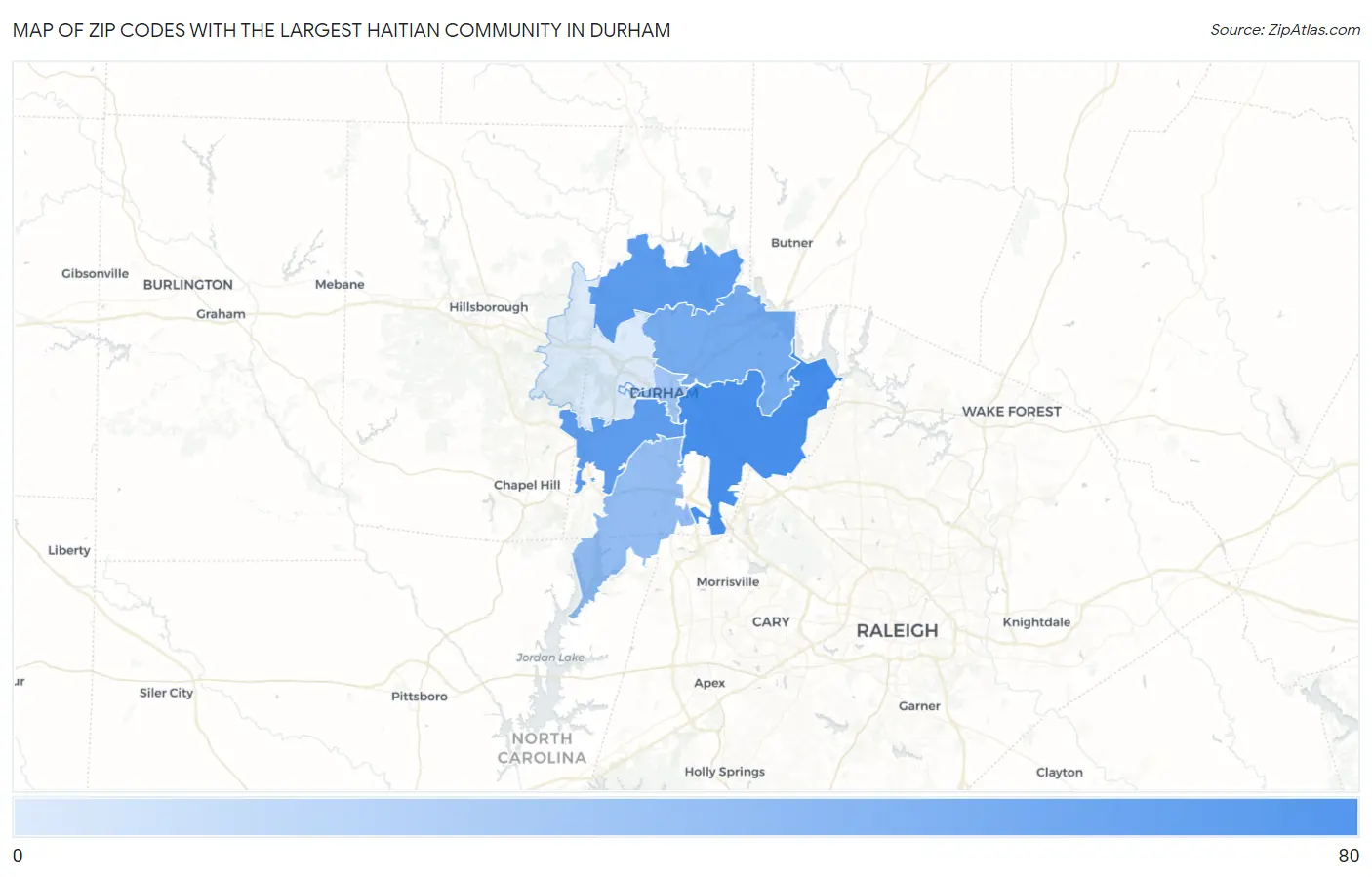 Zip Codes with the Largest Haitian Community in Durham Map
