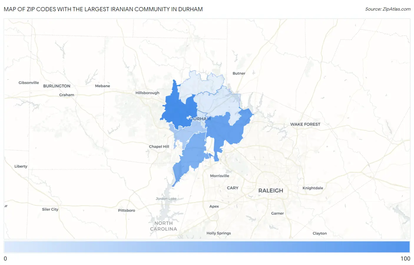 Zip Codes with the Largest Iranian Community in Durham Map