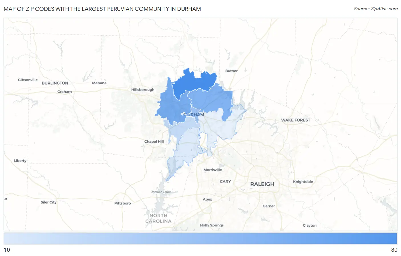 Zip Codes with the Largest Peruvian Community in Durham Map
