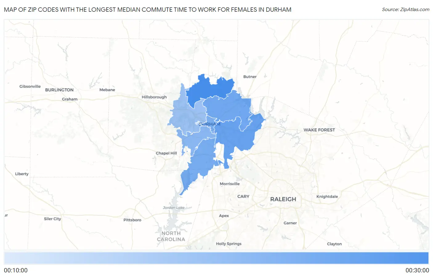 Zip Codes with the Longest Median Commute Time to Work for Females in Durham Map