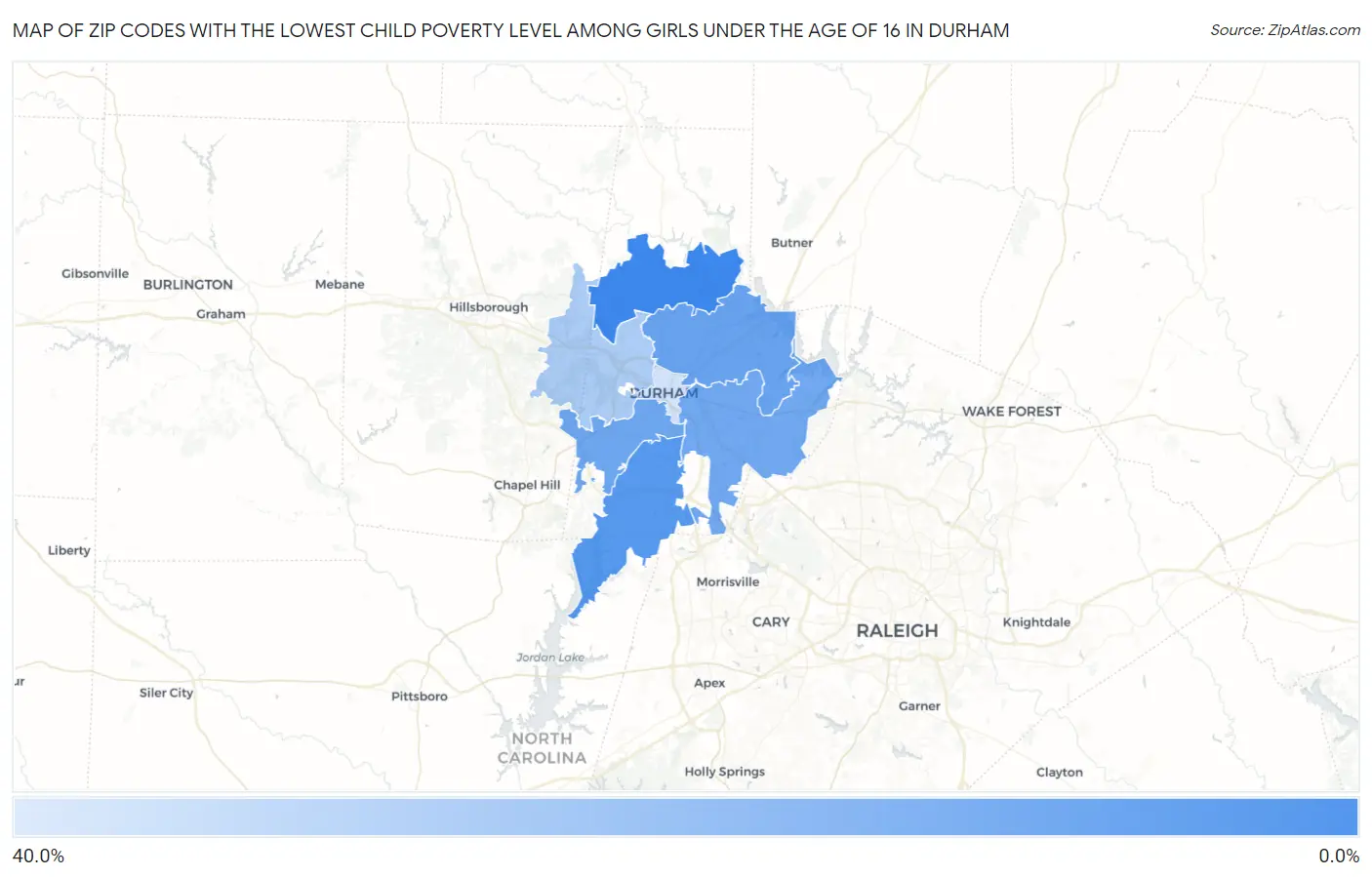 Zip Codes with the Lowest Child Poverty Level Among Girls Under the Age of 16 in Durham Map