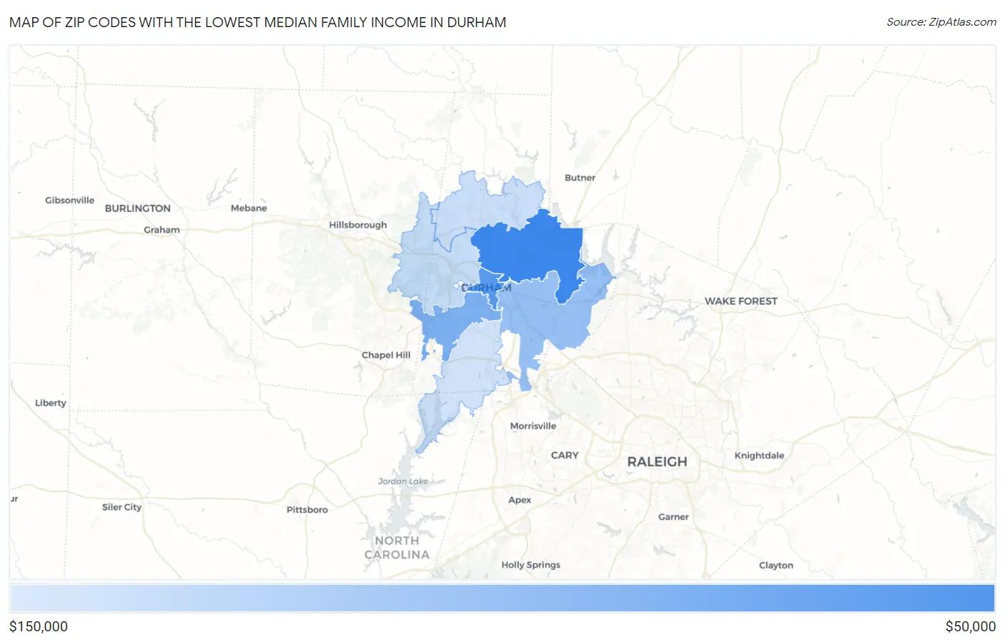 Zip Codes with the Lowest Median Family Income in Durham Map