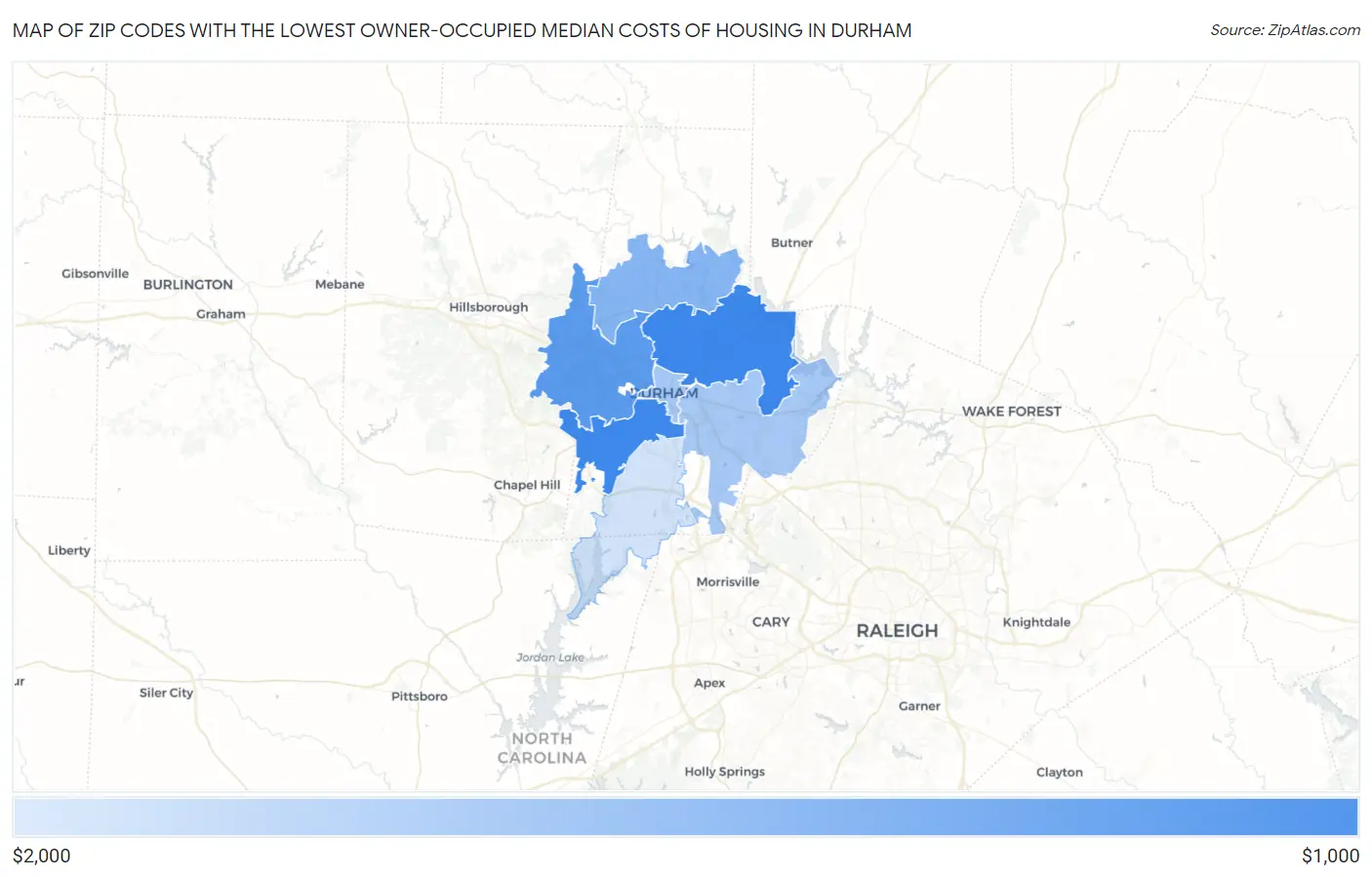Zip Codes with the Lowest Owner-Occupied Median Costs of Housing in Durham Map
