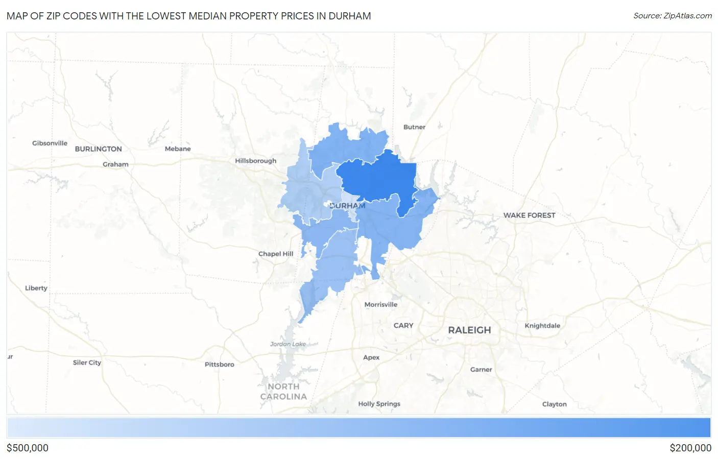 Zip Codes with the Lowest Median Property Prices in Durham Map