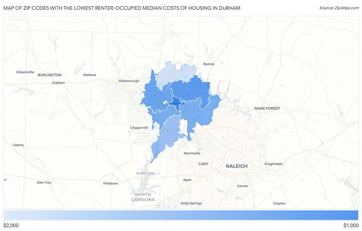 Zip Codes with the Lowest Renter-Occupied Median Costs of Housing in Durham Map