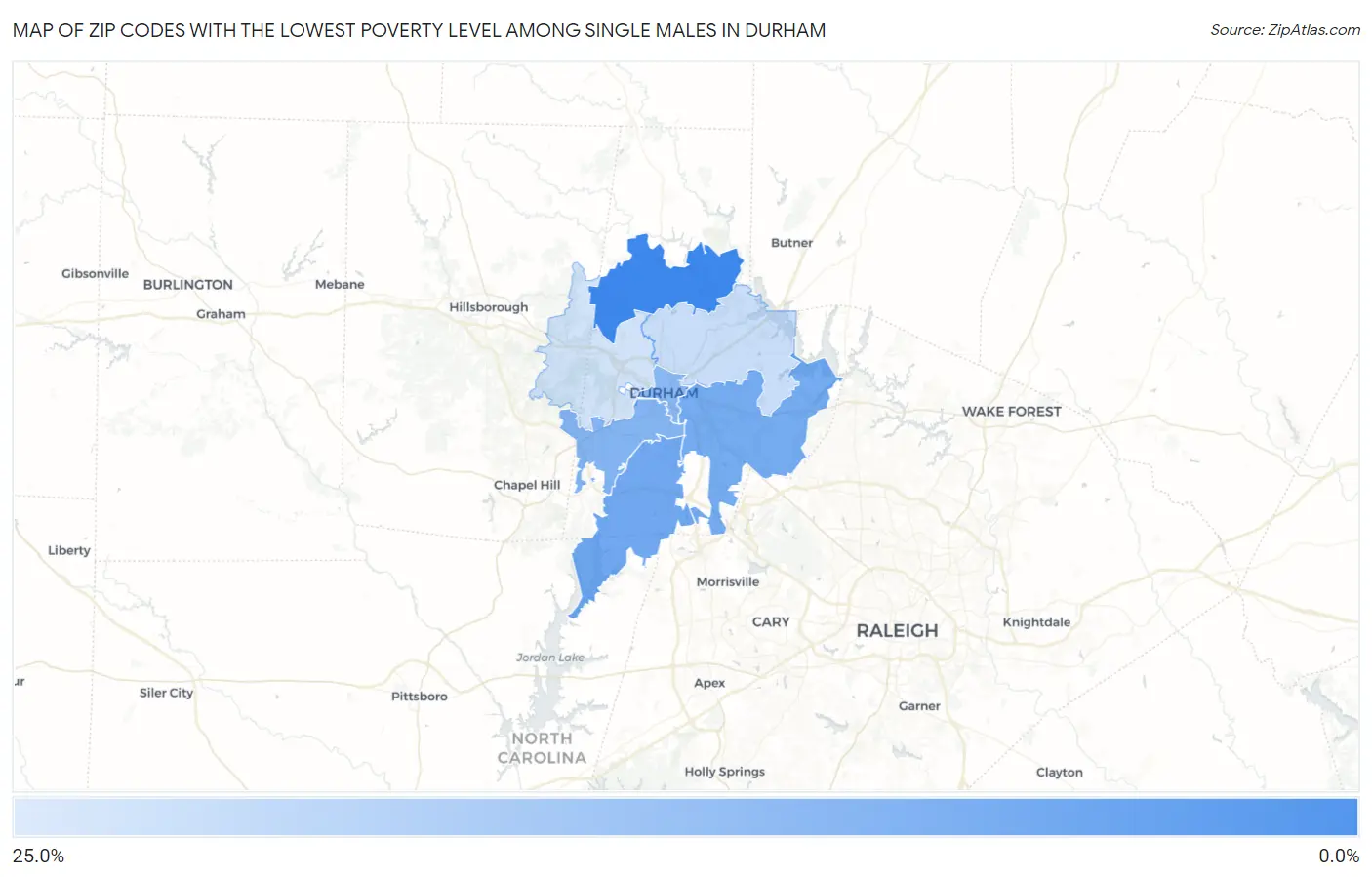 Zip Codes with the Lowest Poverty Level Among Single Males in Durham Map