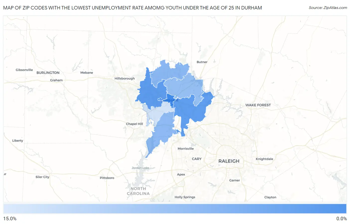 Zip Codes with the Lowest Unemployment Rate Amomg Youth Under the Age of 25 in Durham Map