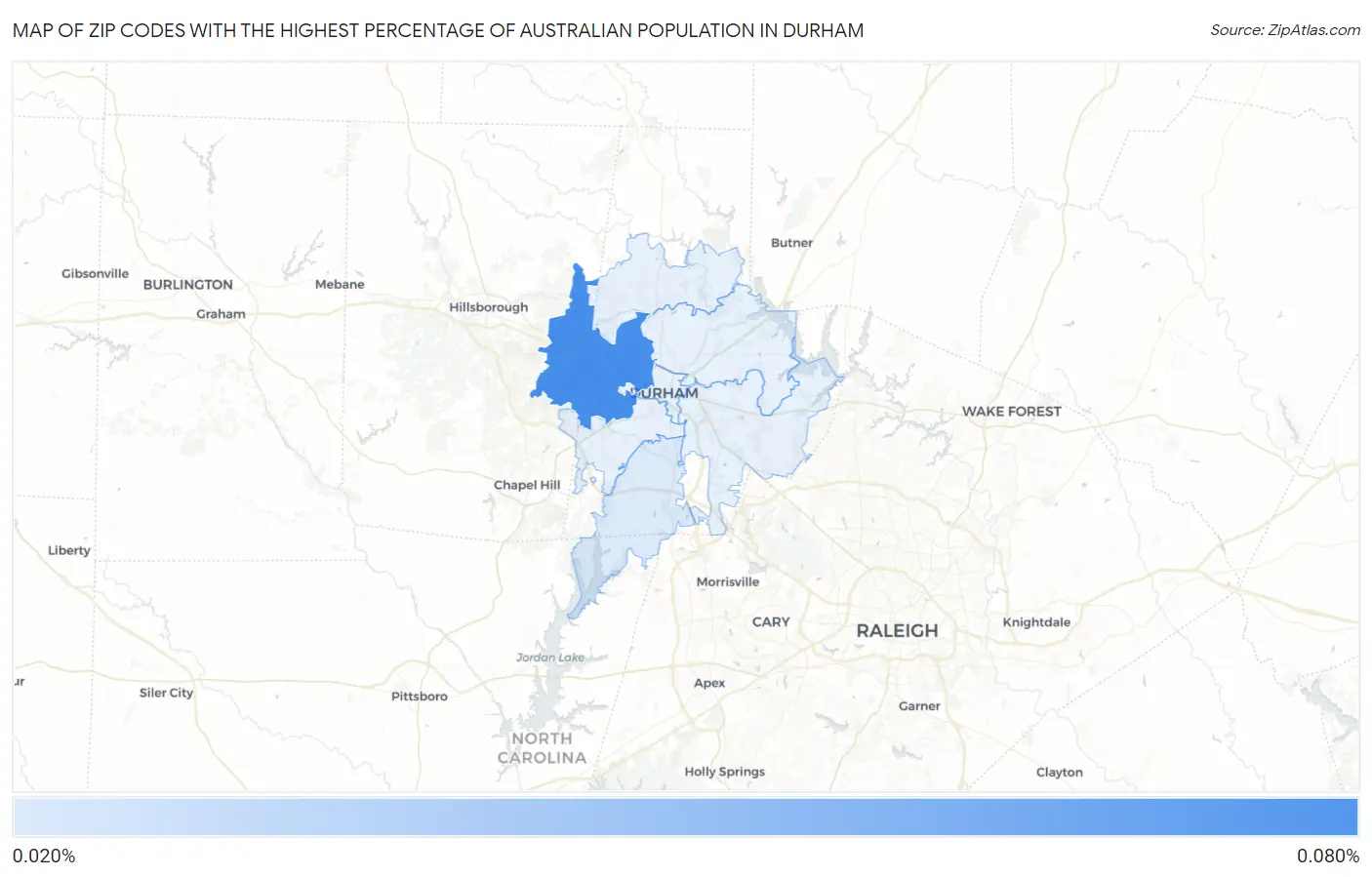 Zip Codes with the Highest Percentage of Australian Population in Durham Map