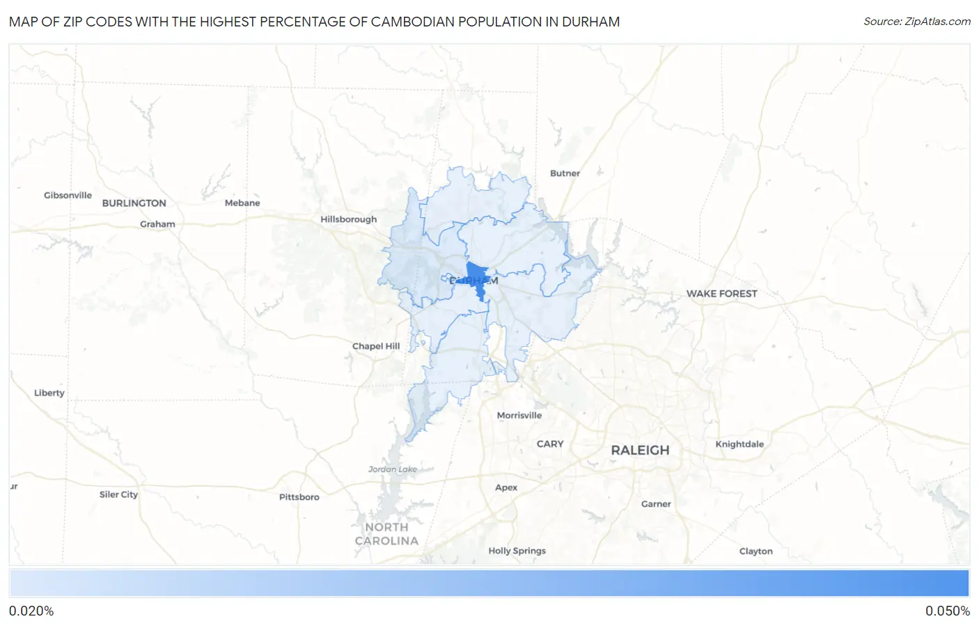 Zip Codes with the Highest Percentage of Cambodian Population in Durham Map