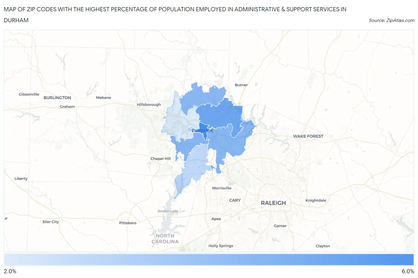 Zip Codes with the Highest Percentage of Population Employed in Administrative & Support Services in Durham Map