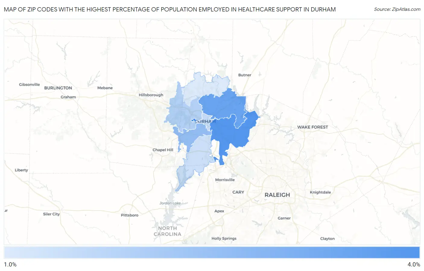 Zip Codes with the Highest Percentage of Population Employed in Healthcare Support in Durham Map