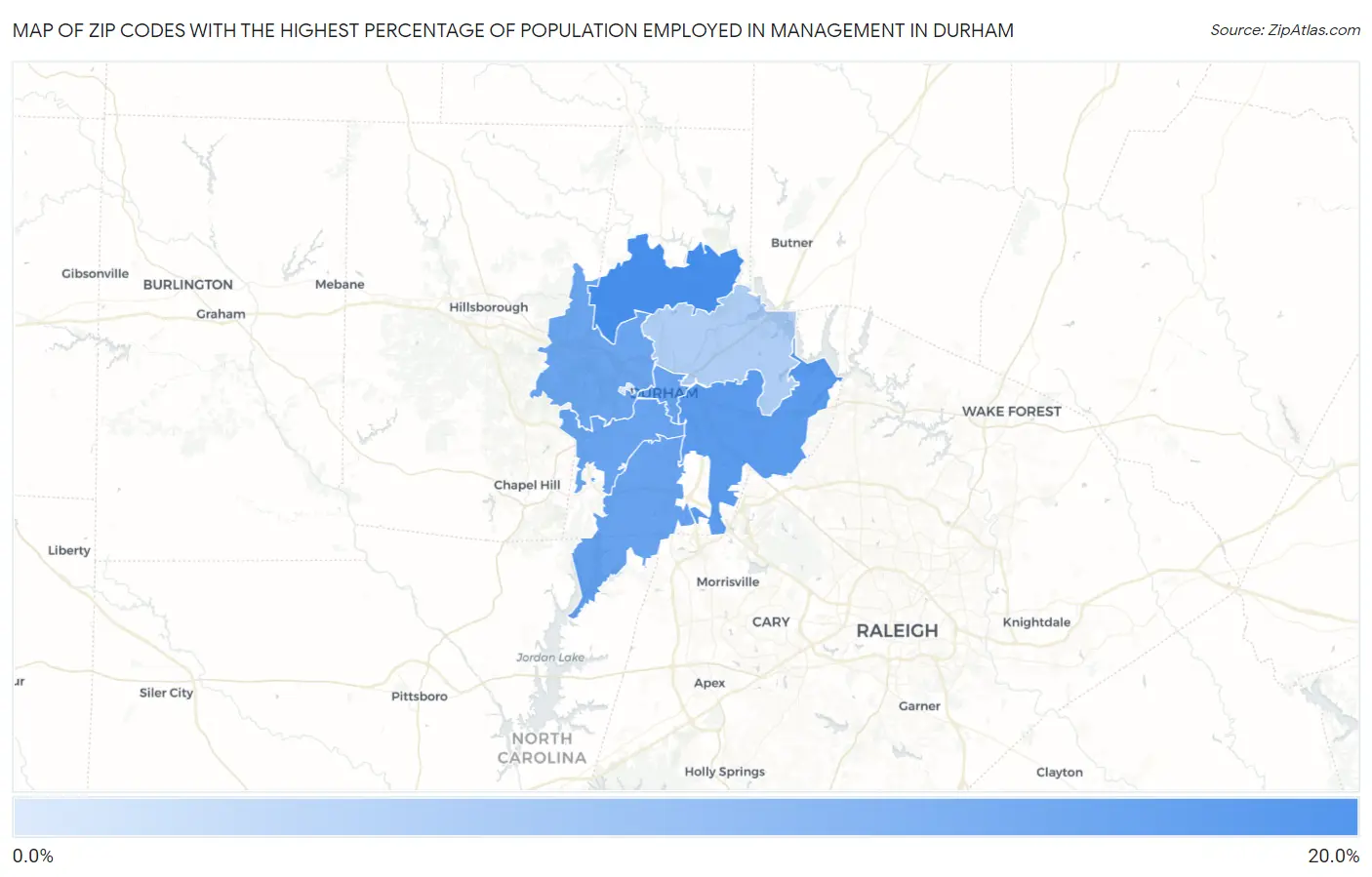 Zip Codes with the Highest Percentage of Population Employed in Management in Durham Map