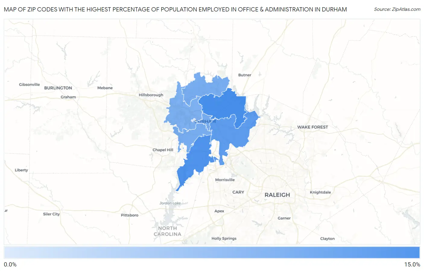 Zip Codes with the Highest Percentage of Population Employed in Office & Administration in Durham Map