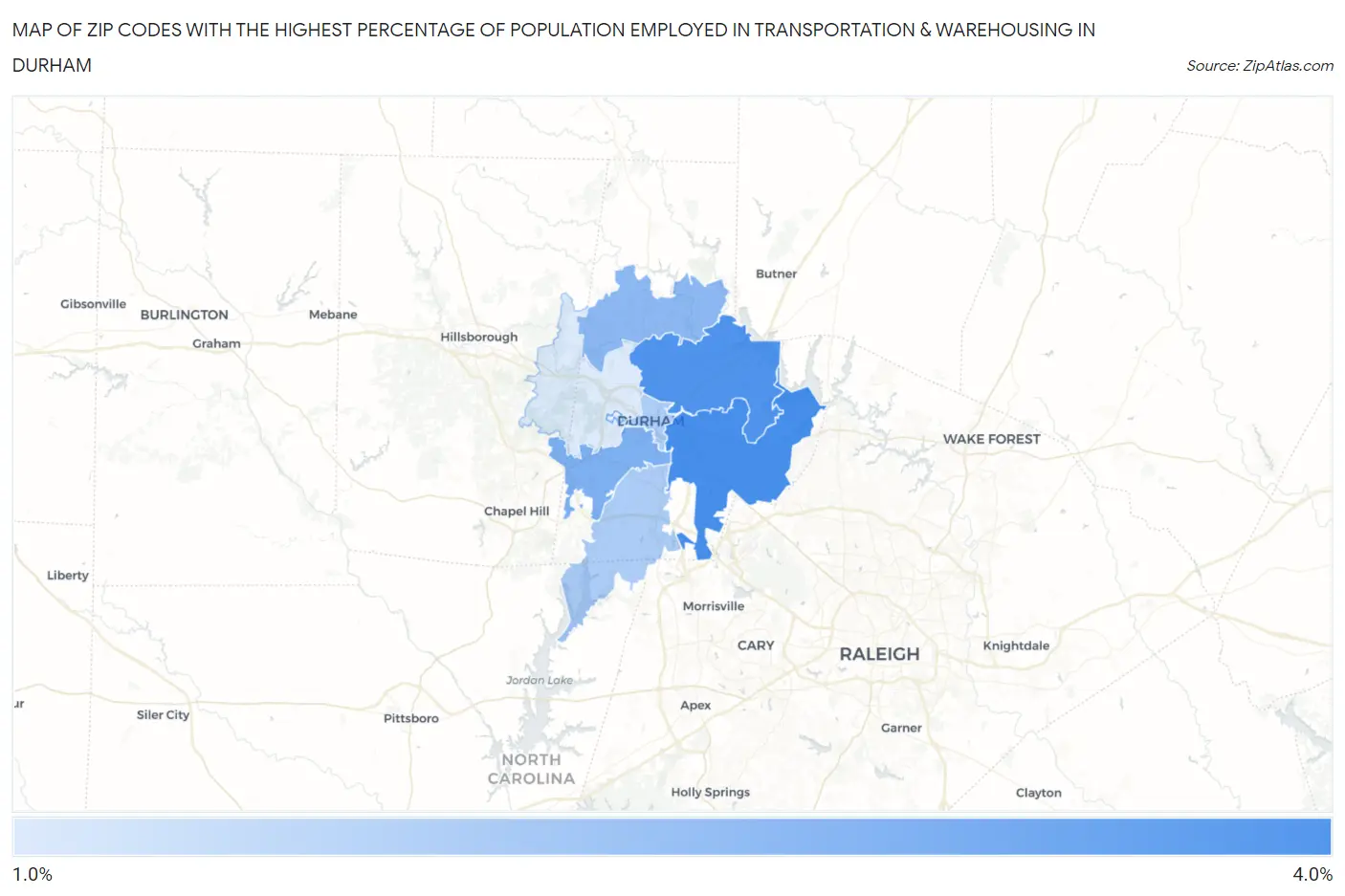 Zip Codes with the Highest Percentage of Population Employed in Transportation & Warehousing in Durham Map
