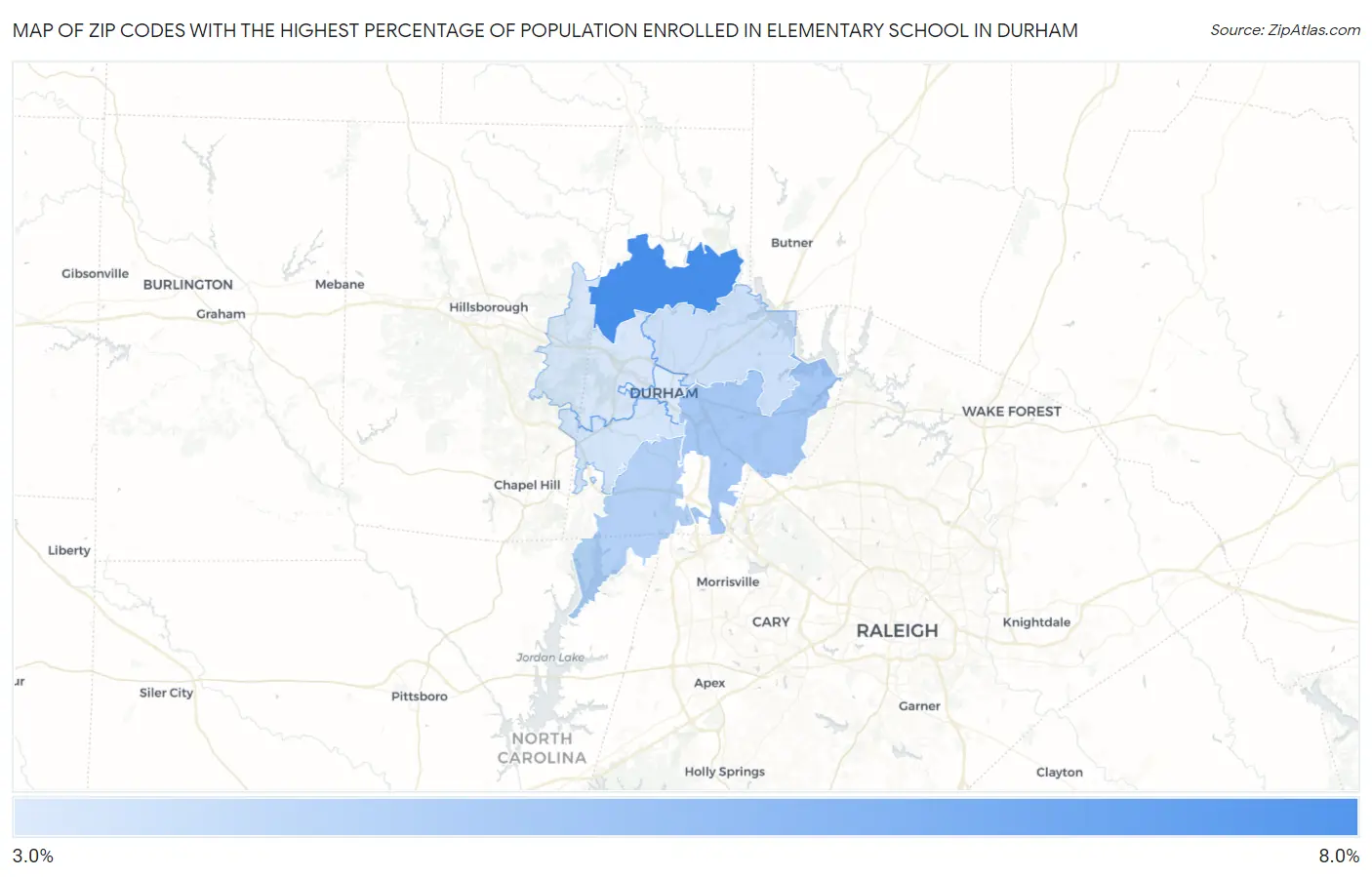 Zip Codes with the Highest Percentage of Population Enrolled in Elementary School in Durham Map