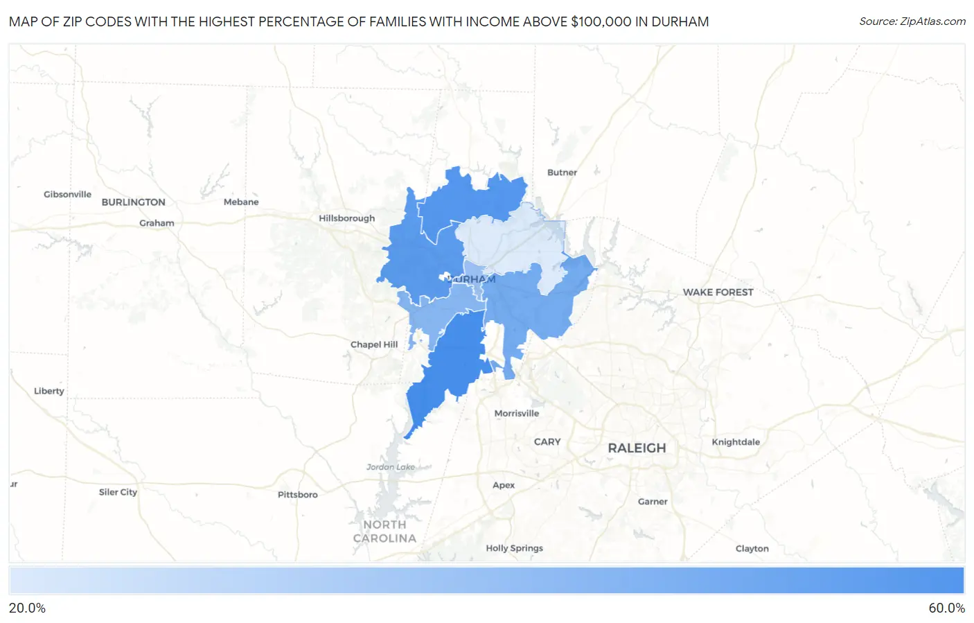 Zip Codes with the Highest Percentage of Families with Income Above $100,000 in Durham Map