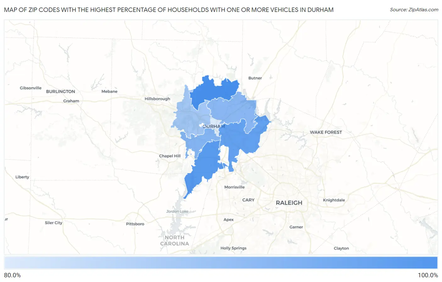 Zip Codes with the Highest Percentage of Households With One or more Vehicles in Durham Map