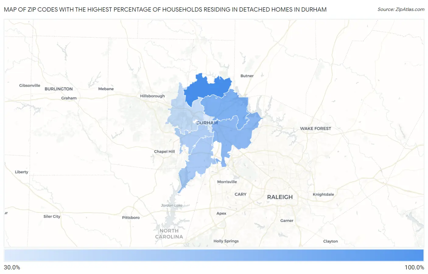 Zip Codes with the Highest Percentage of Households Residing in Detached Homes in Durham Map