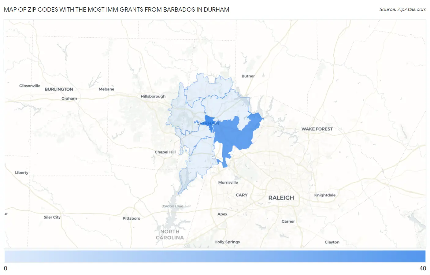 Zip Codes with the Most Immigrants from Barbados in Durham Map