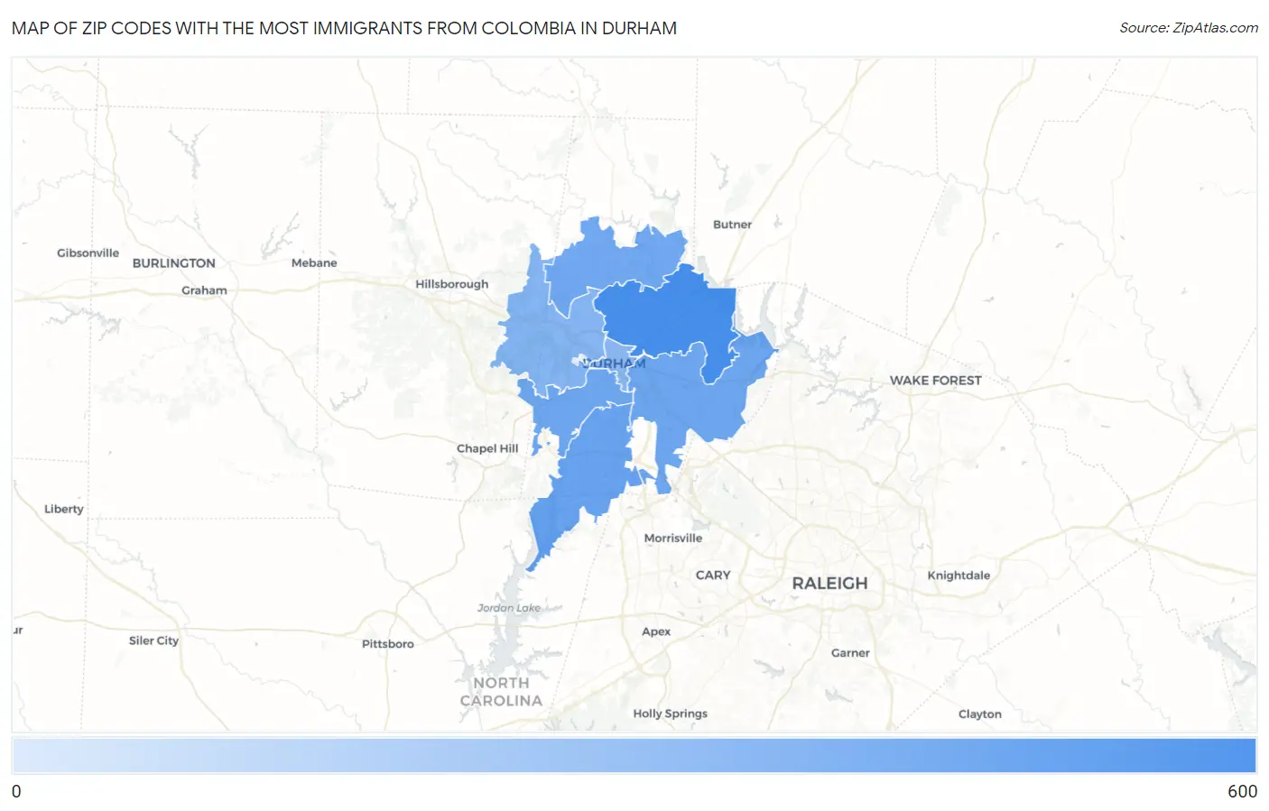 Zip Codes with the Most Immigrants from Colombia in Durham Map